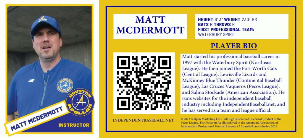 Matt McDermott NFT trading card Houston Apollos independent minor league baseball team set
