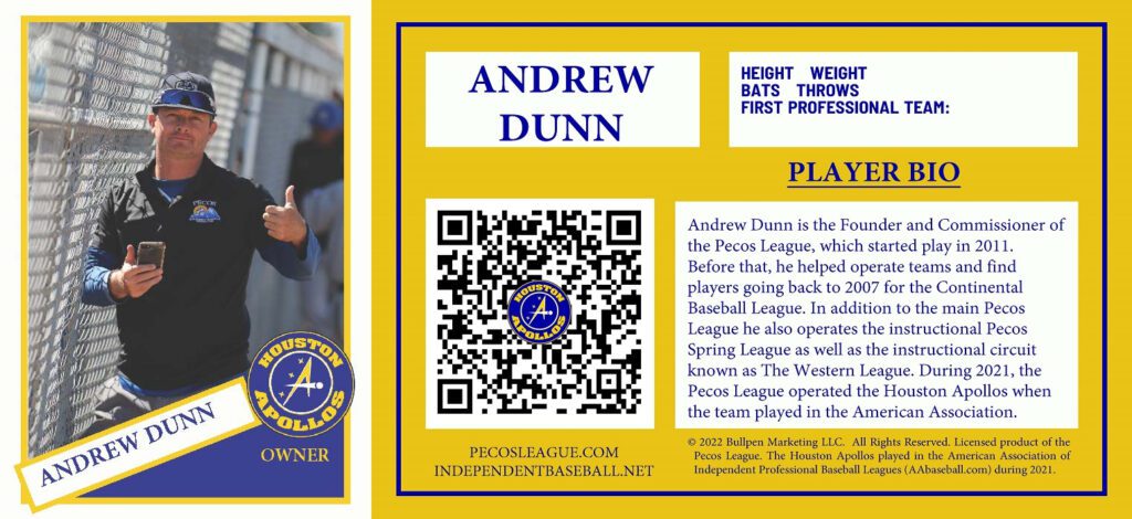 Andrew Dunn Pecos League Houston Apollos NFT baseball card team set front and back